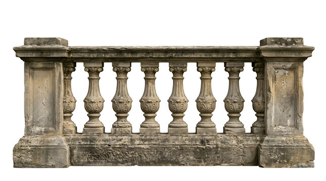 A weathered stone balustrade architectural element featuring decorative pillars isolated on transparent background