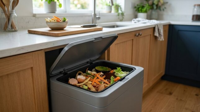 Modern Kitchen Compost Bin Filled With Organic Food Waste