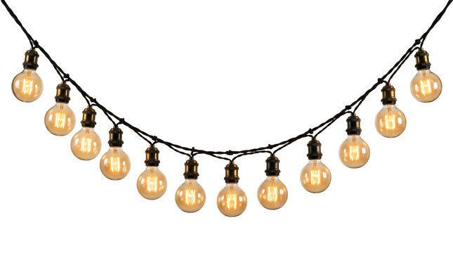 A string of decorative glowing vintage edison light bulbs isolated on transparent background