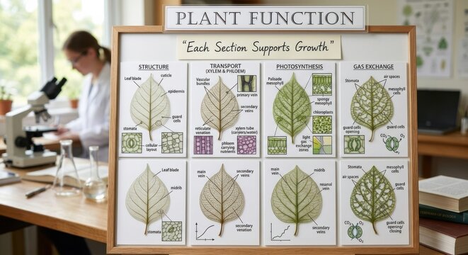 Detailed Educational Chart Illustrating Plant Leaf Structure and Function