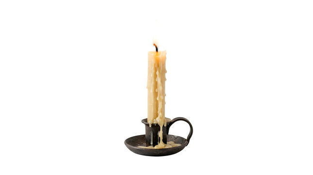 A burning wax candle inside a vintage metal candle holder isolated on transparent background