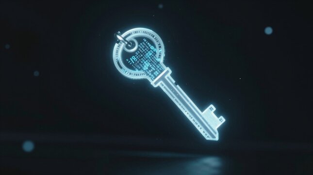 A glowing digital key symbolizes cybersecurity, data protection, and modern technology
