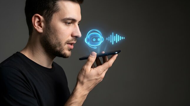Man using voice command for artificial intelligence chatbot on smartphone