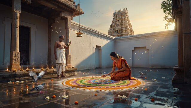 Devout man and woman creating a colorful rangoli pattern in temple