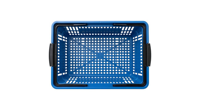 Top view of an empty blue plastic shopping basket isolated on transparent background