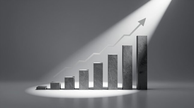 This abstract image depicts a growth chart made of concrete bars, illuminated by light rays, symbolizing business success and progress in a modern, minimalistic style.