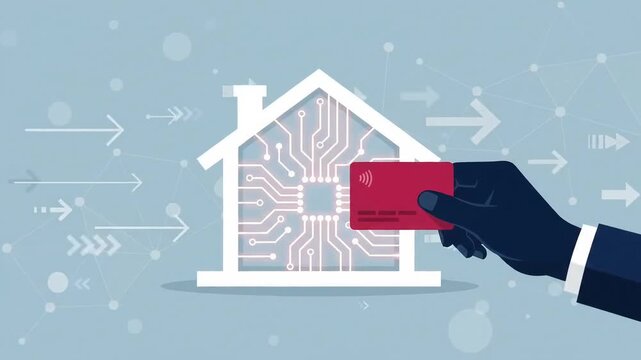 Hand holding contactless smart card near connected smart home icon