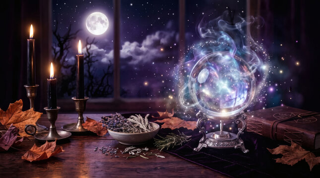 Mystical Crystal Ball With Candles, Herbs and Spellbook on Moonlit Autumn Night

