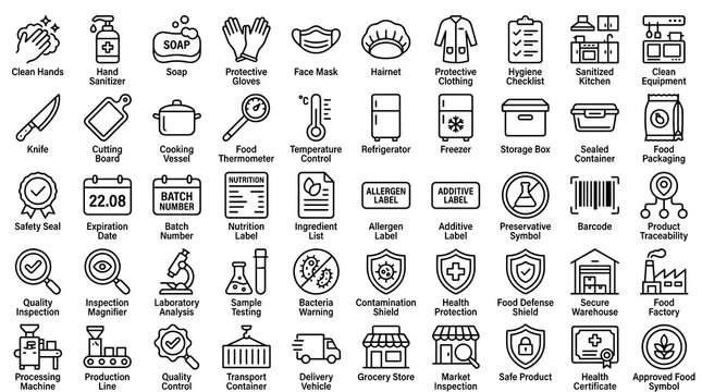 Food Safety Linear Icon Set with Editable Stroke Symbols for Hygiene, Food Defense, Additives, Health, Market Inspection, Storage and Labeling