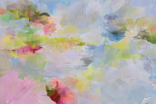 Impressionistic oil painting with soft pastel colors and varied brushstrokes, forming an ethereal artistic landscape background