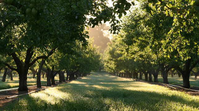 Water-Efficient Drip Irrigation System Glowing Softly In An Orchard Row