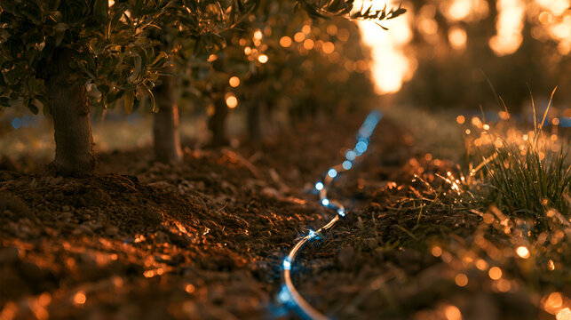 Water-Efficient Drip Irrigation System Glowing Softly In An Orchard Row
