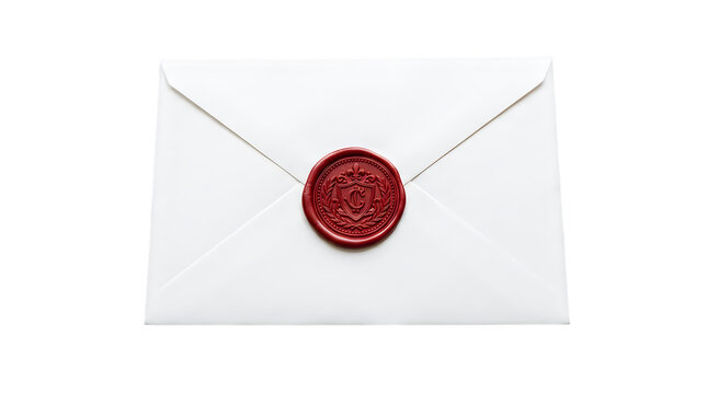 White envelope sealed with a red wax stamp isolated on transparent background