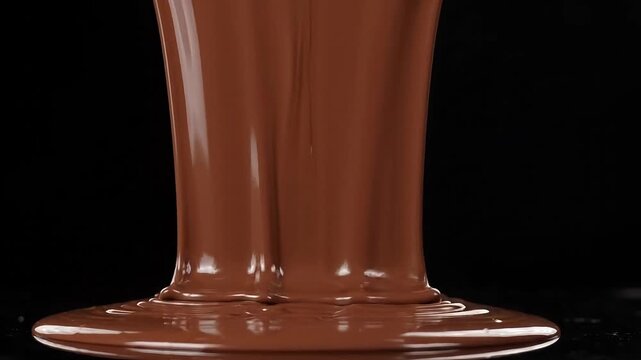 Liquid melted milk chocolate flowing down decadent fountain