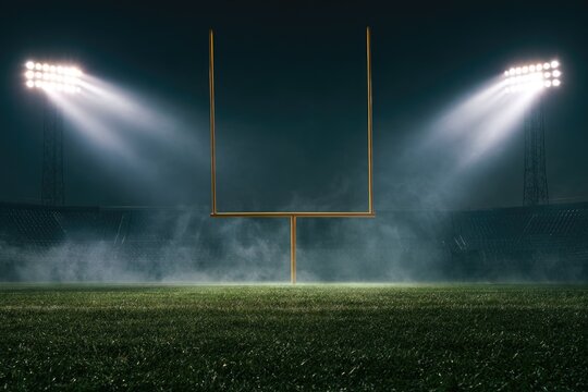 A foggy, empty football field at night illuminated by bright stadium lights shining on the goalposts and grass.