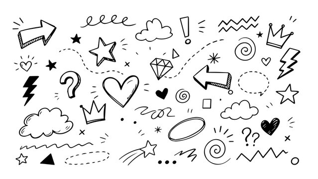 Set of hand drawn doodle elements including arrows hearts stars clouds and lightning symbols for creative design projects and decorative markers for bullet journals and scrapbooking on a flat surface