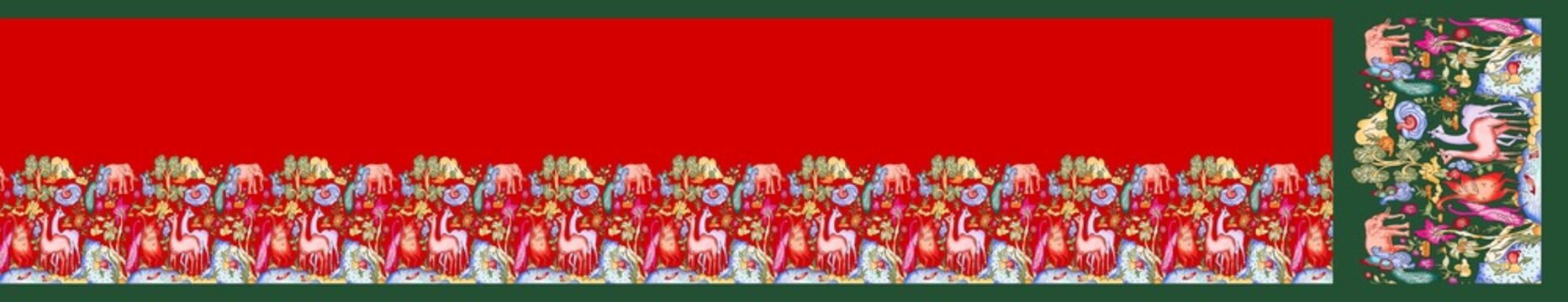 Traditional Indian Shikargah Saree Design with Wildlife Fauna Border and Floral Animal Motif Pallu on Rich Red Body