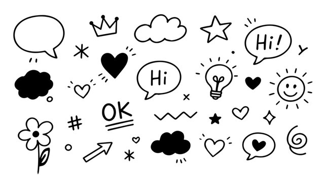 Hand Drawn Vector Icons Set with Cloud, Speech Bubble, Heart, Sun, Arrow and Business Communication Symbols for Web Design and Illustration