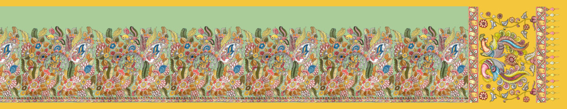 Traditional Indian Saree Design with Intricate Kalamkari Floral Jaal Border and Yellow Peacock Pallu