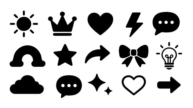 Set of black flat icons featuring various shapes like sun crown heart lightning chat bubble rainbow star arrow ribbon light bulb cloud and sparkle symbols for user interface design and web graphics
