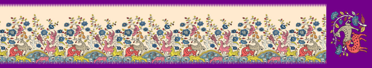 Obraz premium Traditional Indian Saree Design with Kalamkari Wildlife Motif, Forest Deer, and Floral Jaal Border