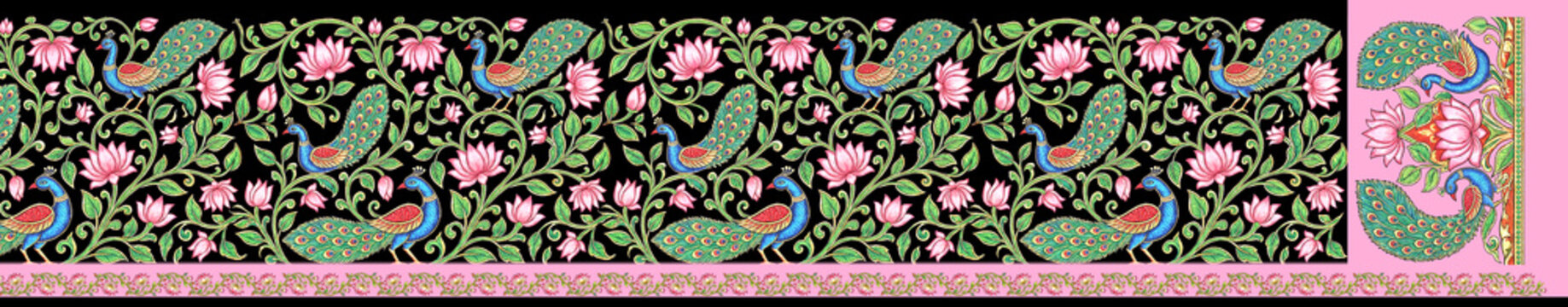 Traditional Indian Pichwai Saree Border and Pallu Design with Dancing Peacocks and Lotus Jaal Pattern