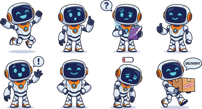 Cute robot cartoon character set showing various emotions and actions like jumping thinking delivery and low battery isolated on 