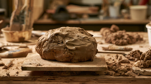 Wet Clay Resting On A Sculptor's Studio Table