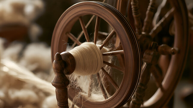 Wool Fibers Spinning Into Yarn On A Traditional Spinning Wheel