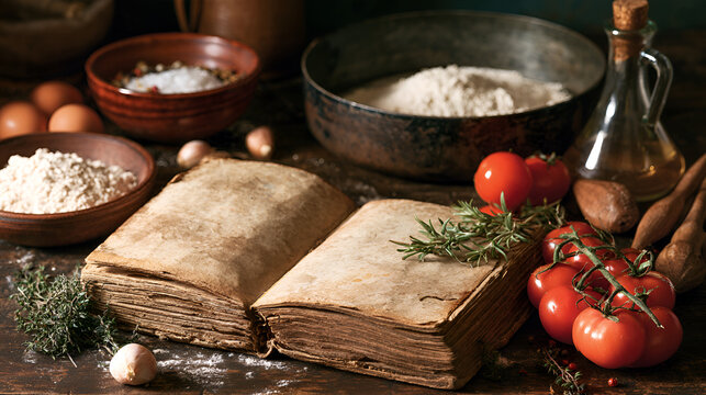 Worn Family Cookbook Open On A Kitchen Counter Beside Fresh Ingredients