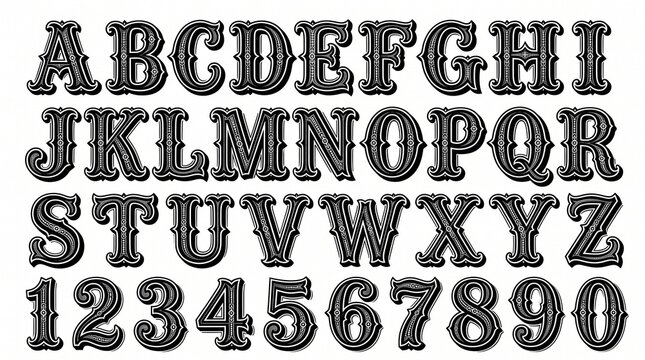 Ornate Western-Style Alphabet and Numbers for Vintage Design Projects and Themed Graphics