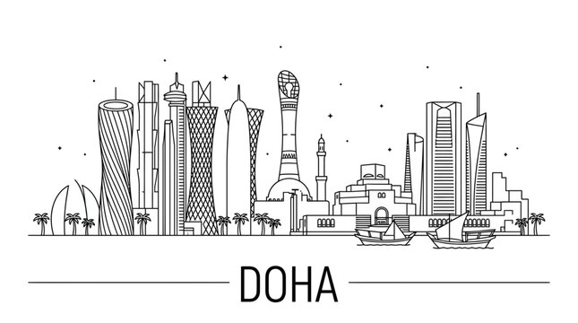 Doha Qatar skyline linear vector illustration