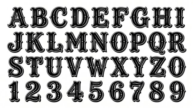 Classic Vintage Font Design Featuring Full English Alphabet and Numbers Zero Through Nine