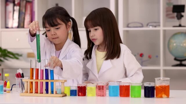 Two Elementary School Girls Doing Chemistry Experiment in Laboratory