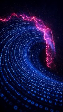Swirling Wave of Binary Code Illuminated by Vibrant Blue and Pink Lights Against Dark Background