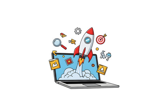 Laptop screen showing rocket launch with icons isolated on white background
