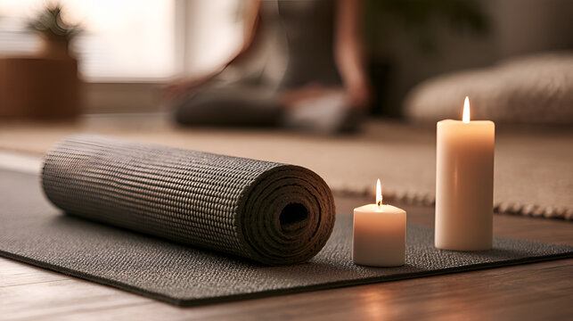 Yoga Mat Rolled Neatly Beside A Candle In A Quiet Meditation Room