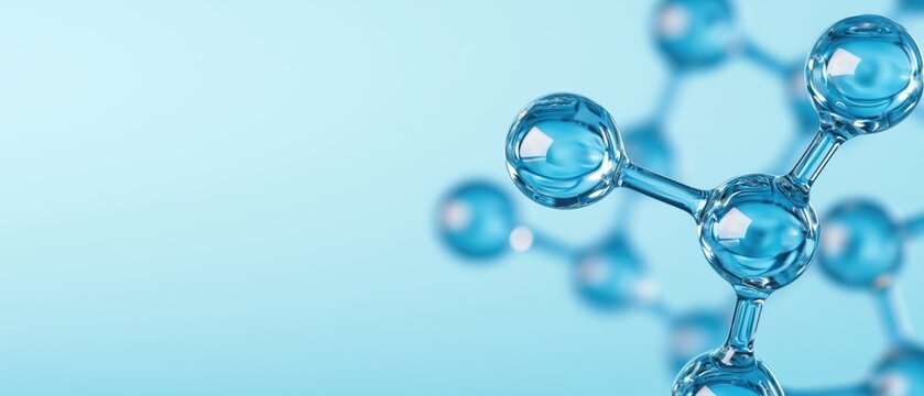 Horizontal banner with transparent blue glass molecular structure on light blue background and large copy space on the left, representing science, medicine, chemistry, biotechnology and skincare conce