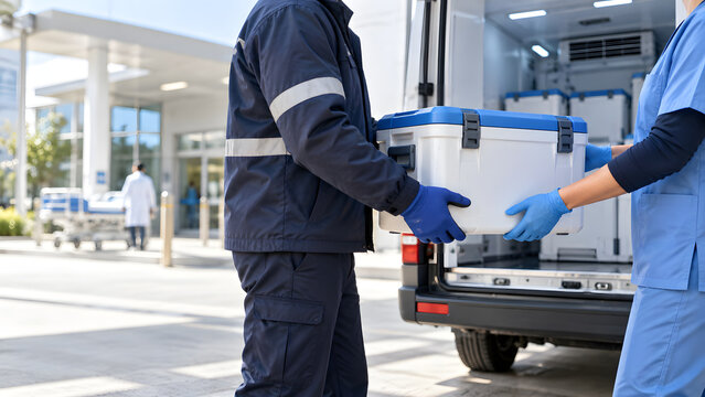 Courier Handing Cold Chain Container at Clinic