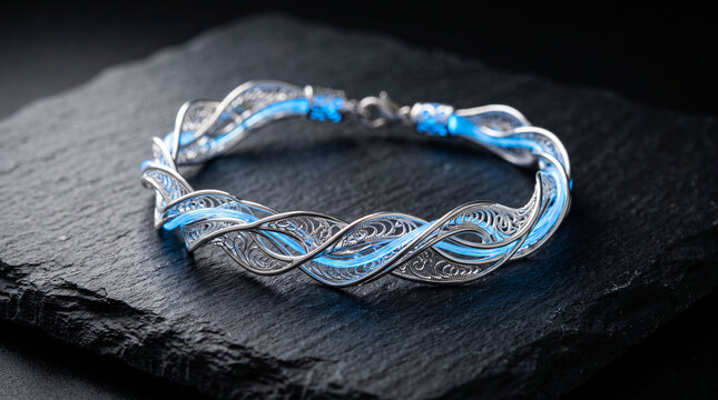 Cuff bracelet showcasing intricate silver filigree intertwined with vibrant blue glowing cords on black slate.
