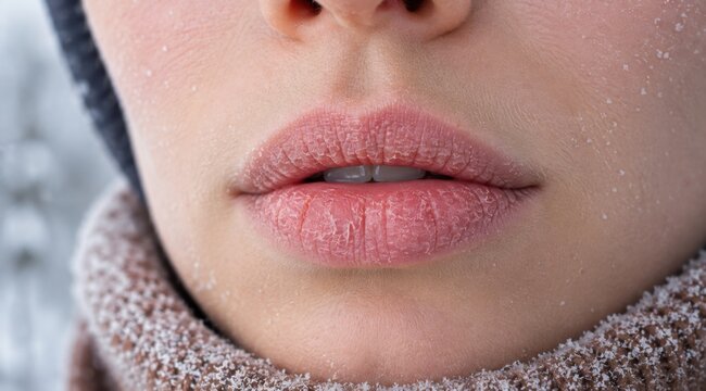 Close-up of dry chapped lips on a frosty winter day with snowflakes on skin and knitted scarf, representing cold weather skin damage, lip care and winter protection