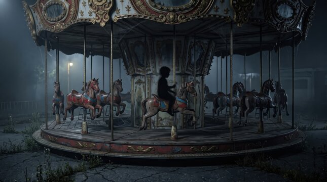 Silhouette of a child riding an abandoned carousel at night in a creepy amusement park with fog, representing Halloween horror, spooky atmosphere and haunted place concept