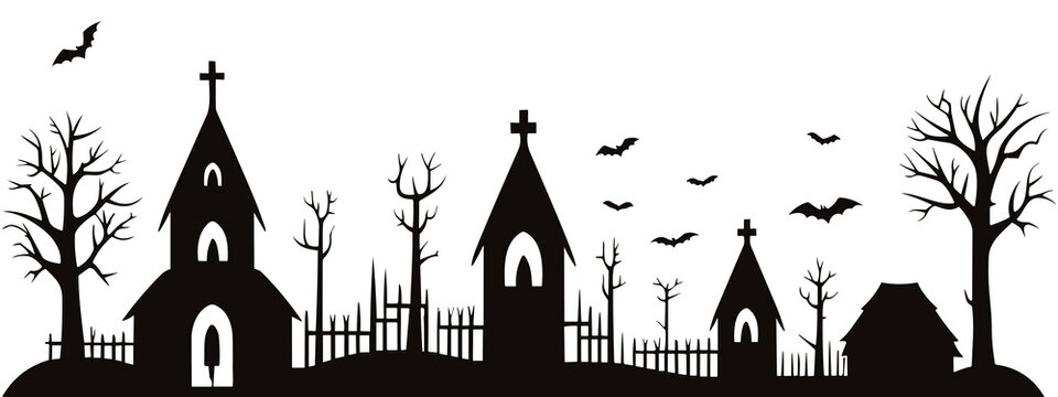 Halloween spooky village silhouette with church, graveyard, and flying bats on black background