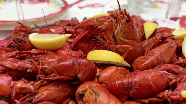 Boiled Crayfish and Lemon Wedges on a Party Platter