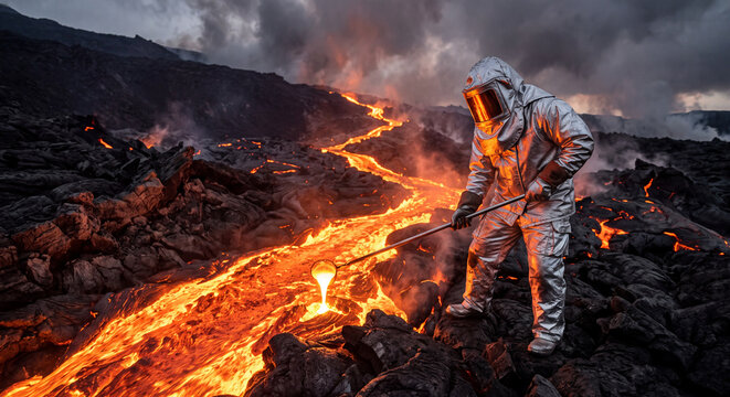 Volcanologist Collecting Sample Near Molten Lava Flow