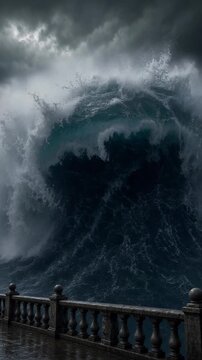 Towering Turbulent Ocean Wave Crashing Against Stone Railing Under Dark Stormy Sky
