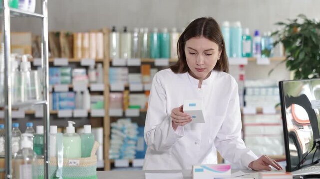 Young woman pharmacist works at a computer in a pharmacy, she holds a paper with an order from a client in her hands and checks the availability of goods. . High quality 4k footage