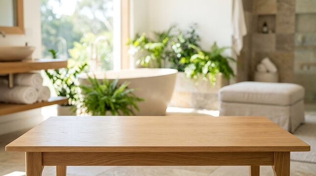 Wooden Table Surface in Luxury Bathroom Interior Backdrop for Product Display Mockup with Plants and Natural Lighting.