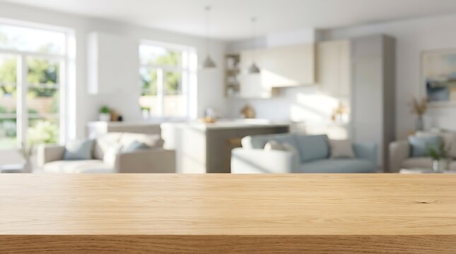 Empty Wooden Tabletop with Blurred Modern Kitchen Background for Product Presentation Mockup and Advertising Banner.