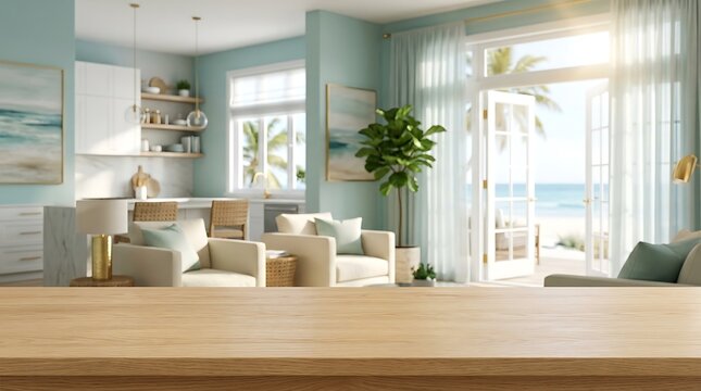 Empty Wooden Table Surface Background over Blurred Coastal Living Room Interior for Product Display and Summer Mockup